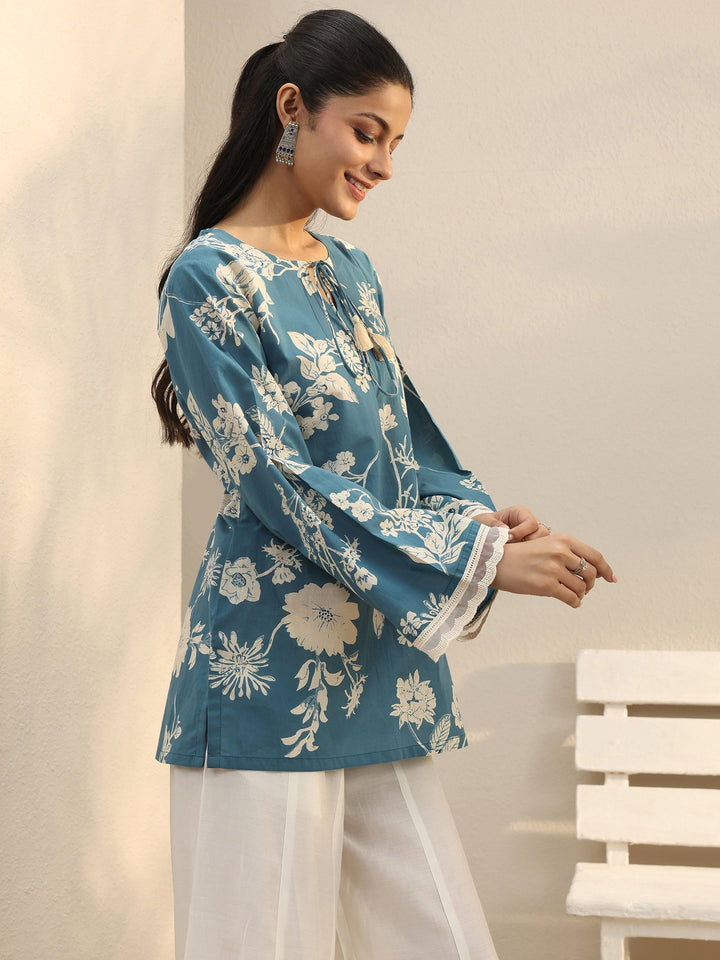 Blue Floral Printed Cotton Tie-Up Straight Short Kurti