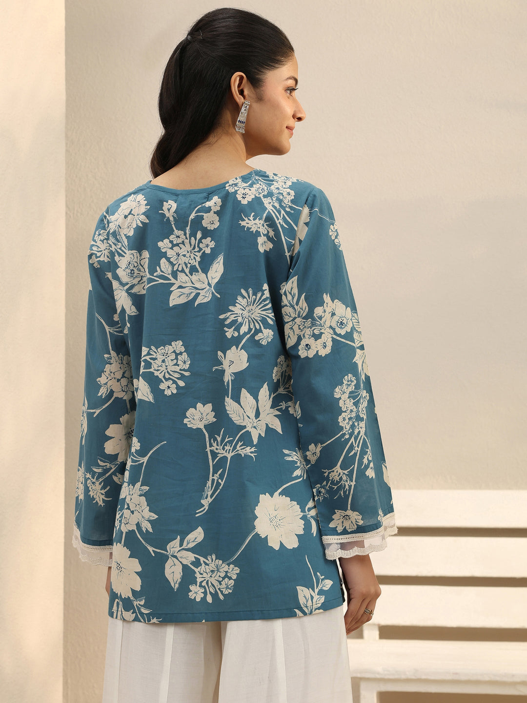 Blue Floral Printed Cotton Tie-Up Straight Short Kurti