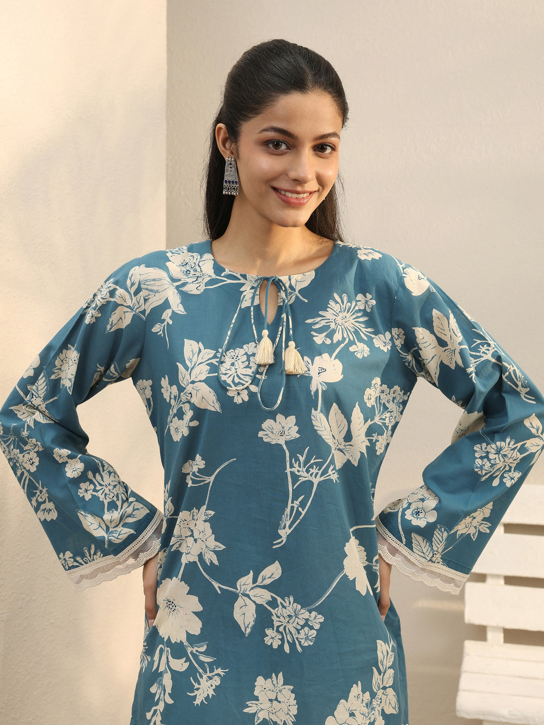 Blue Floral Printed Cotton Tie-Up Straight Short Kurti