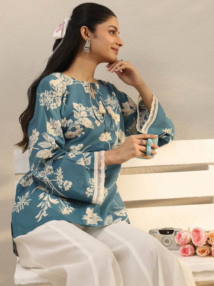 Blue Floral Printed Cotton Tie-Up Straight Short Kurti