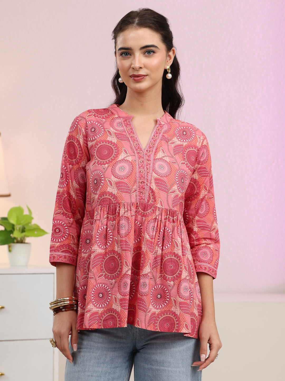 Libas Peach Floral Printed Cotton A-Line Pleated Top