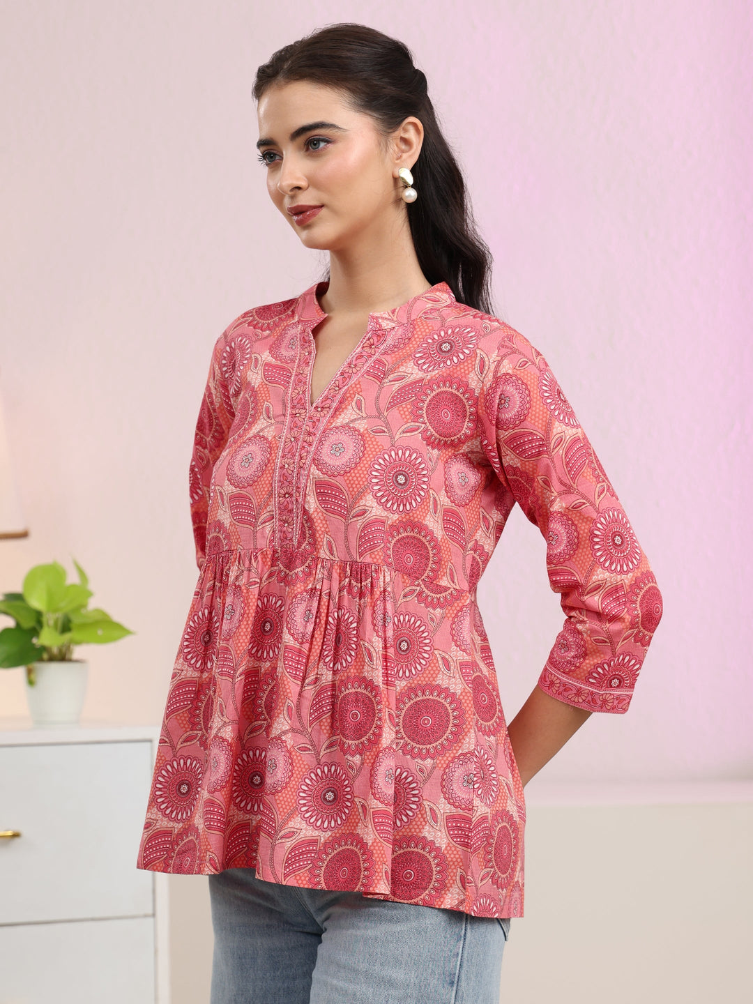 Libas Peach Floral Printed Cotton A-Line Pleated Top