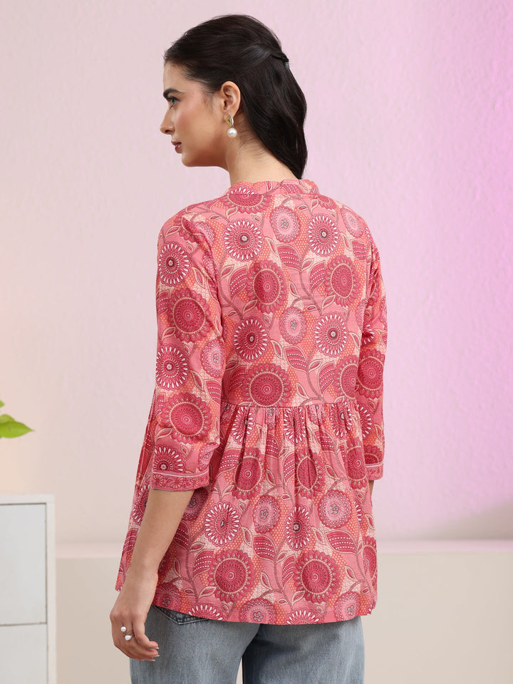 Libas Peach Floral Printed Cotton A-Line Pleated Top