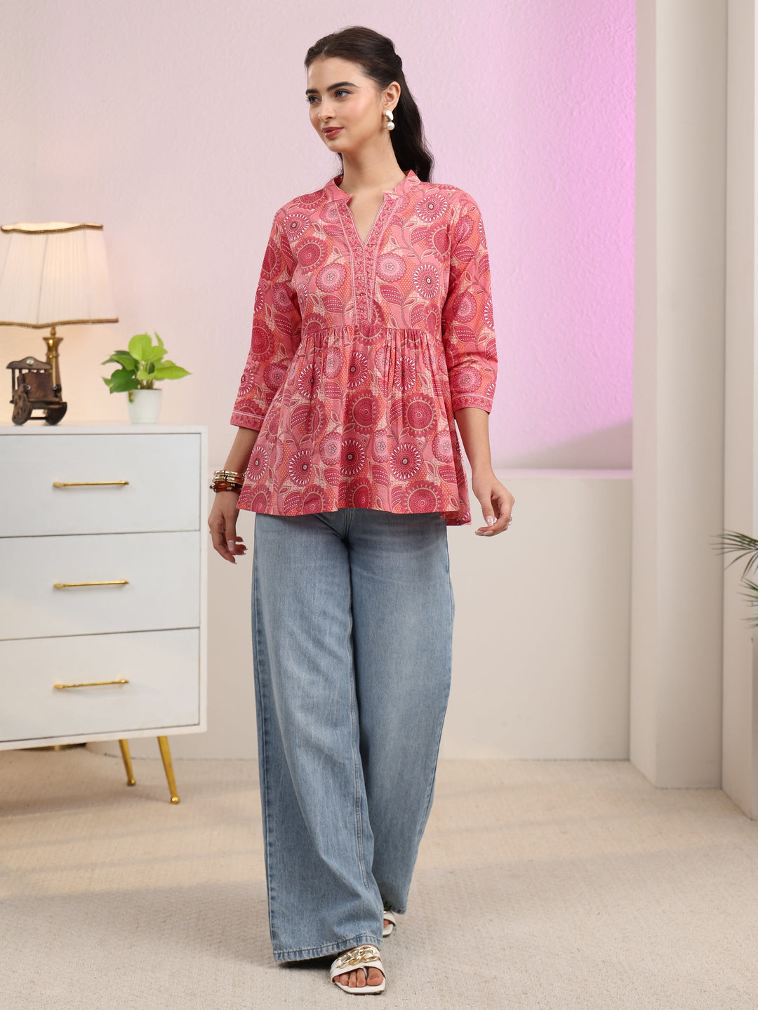 Libas Peach Floral Printed Cotton A-Line Pleated Top