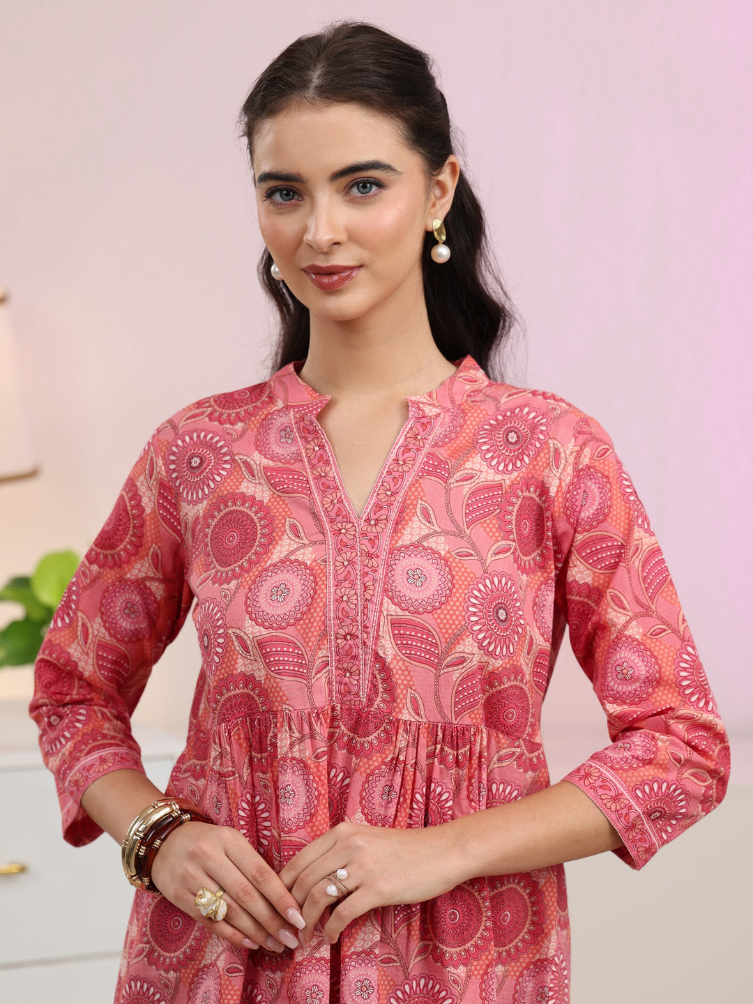 Libas Peach Floral Printed Cotton A-Line Pleated Top