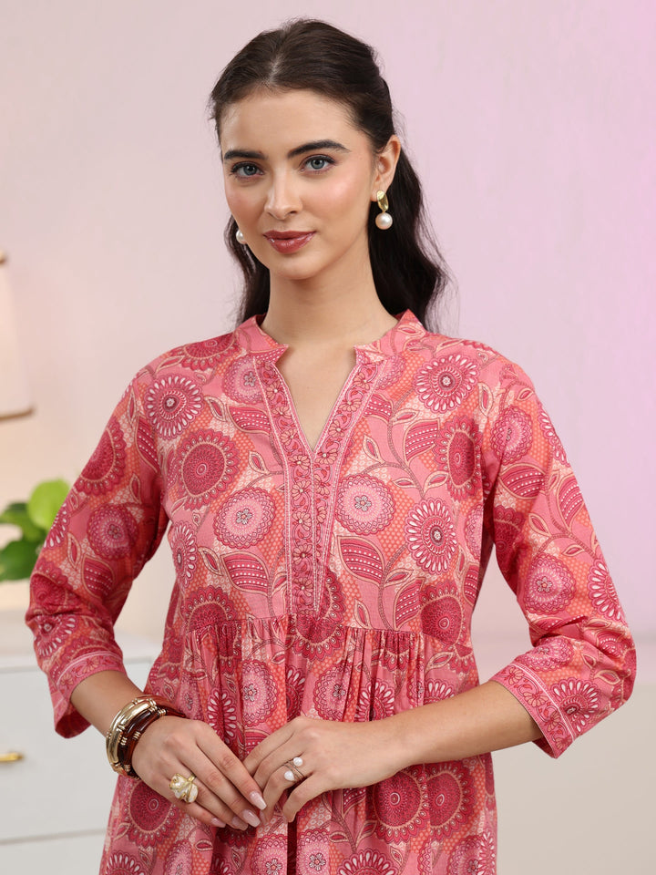 Libas Peach Floral Printed Cotton A-Line Pleated Top
