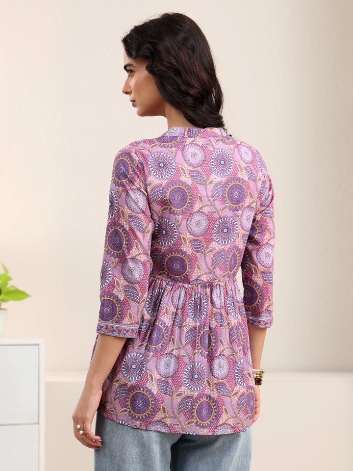 Libas Lilac Floral Printed Cotton A-Line Pleated Top