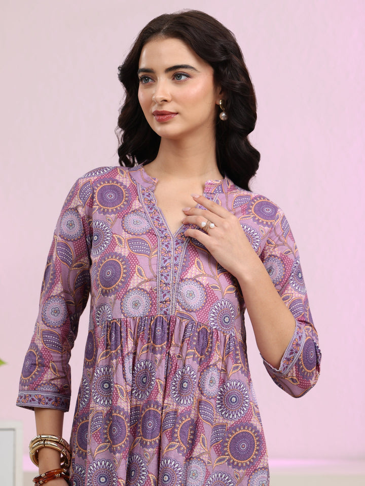 Libas Lilac Floral Printed Cotton A-Line Pleated Top