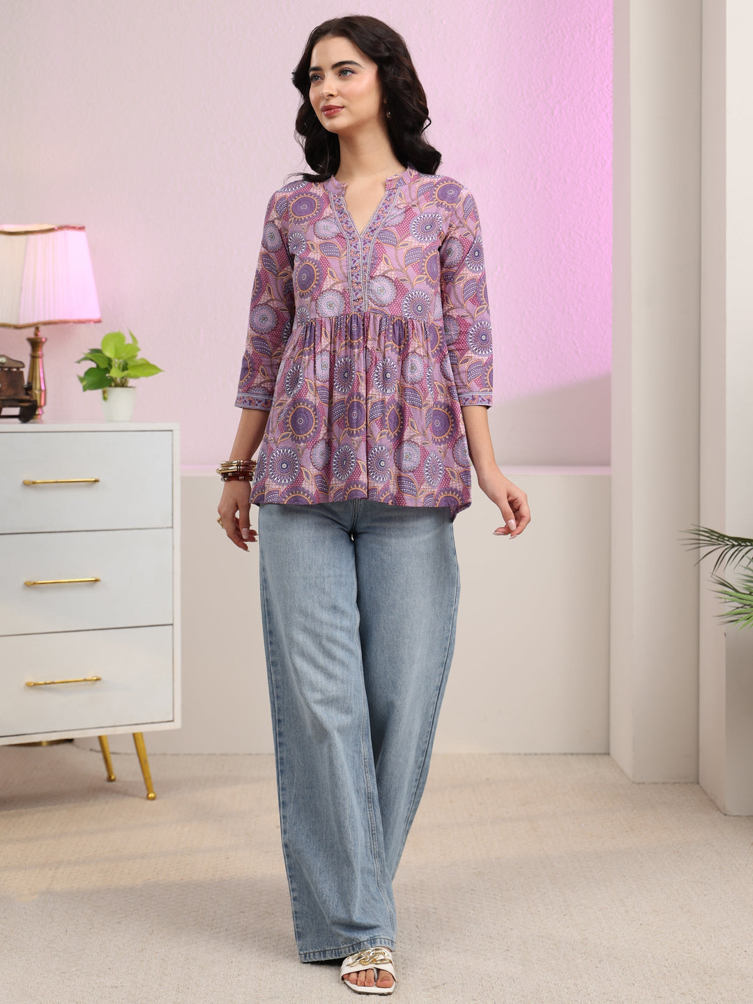 Libas Lilac Floral Printed Cotton A-Line Pleated Top