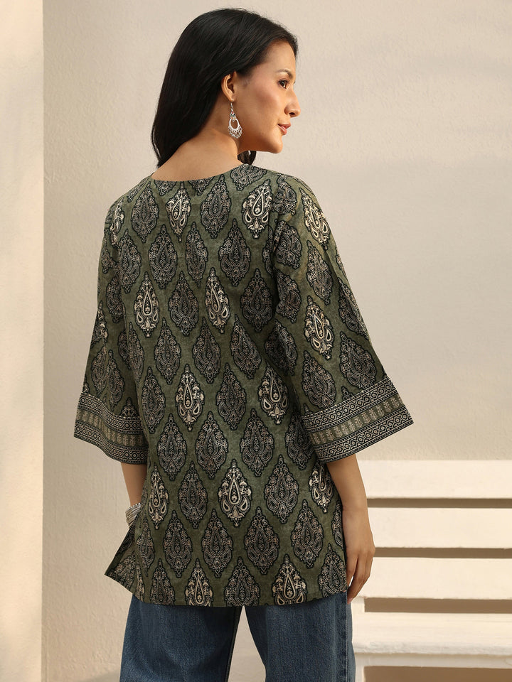 Green Ethnic Printed Cotton Tassel Tunic