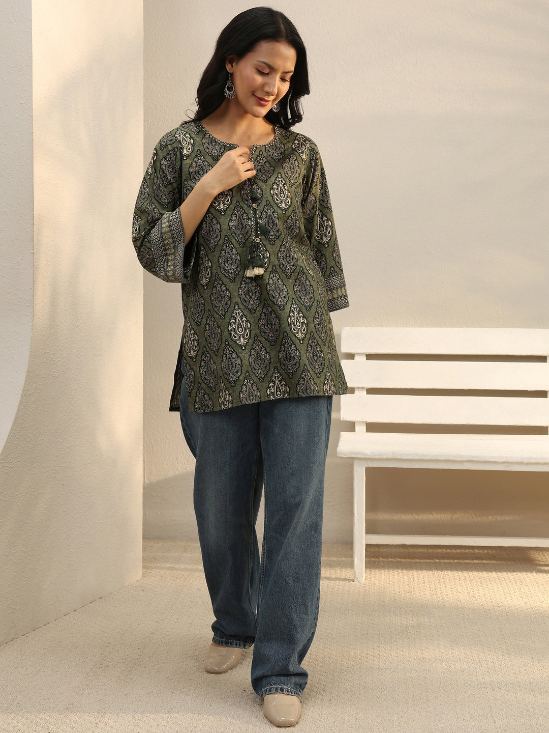 Green Ethnic Printed Cotton Tassel Tunic