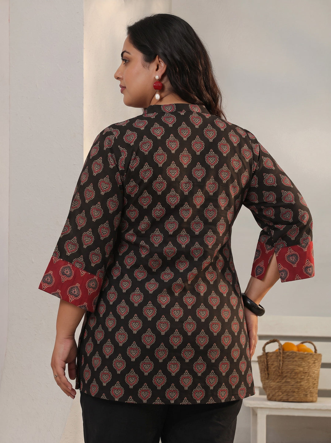 Plus Size Black Ethnic Printed Cotton A-Line Short Kurti