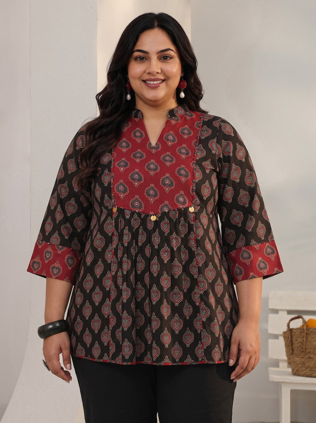 Plus Size Black Ethnic Printed Cotton A-Line Short Kurti