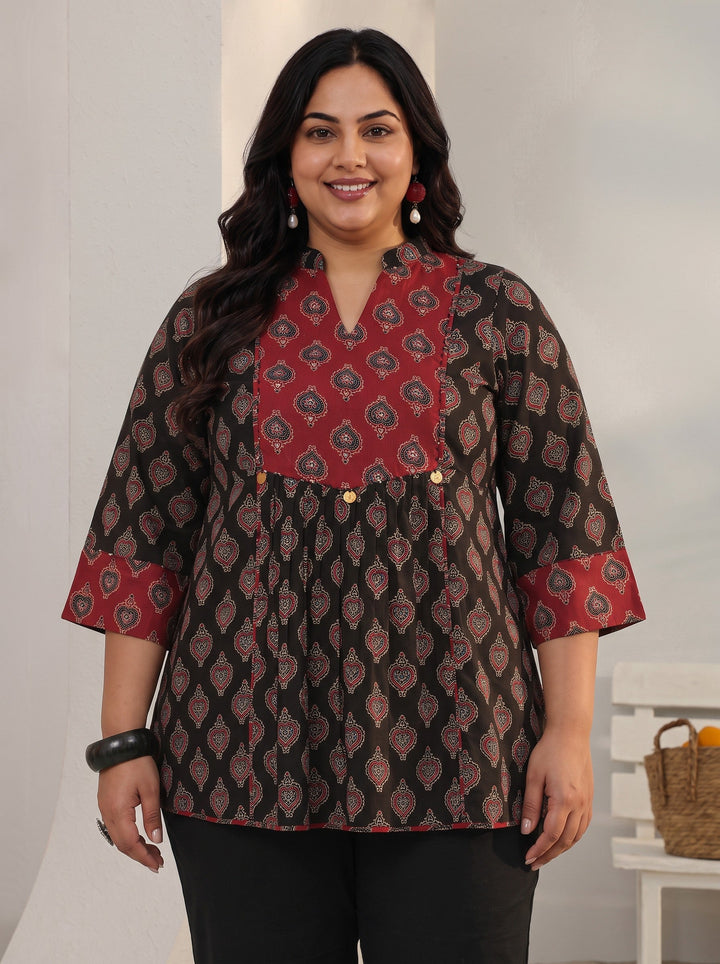Plus Size Black Ethnic Printed Cotton A-Line Short Kurti