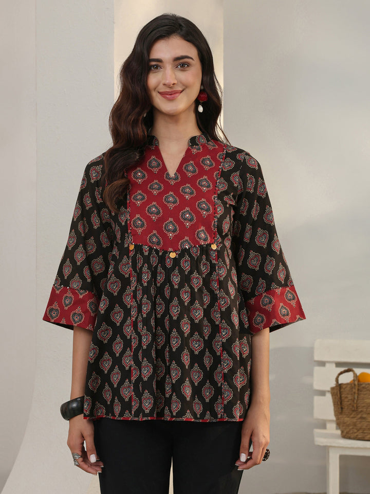 Black Ethnic Printed Cotton A-Line Short Kurti