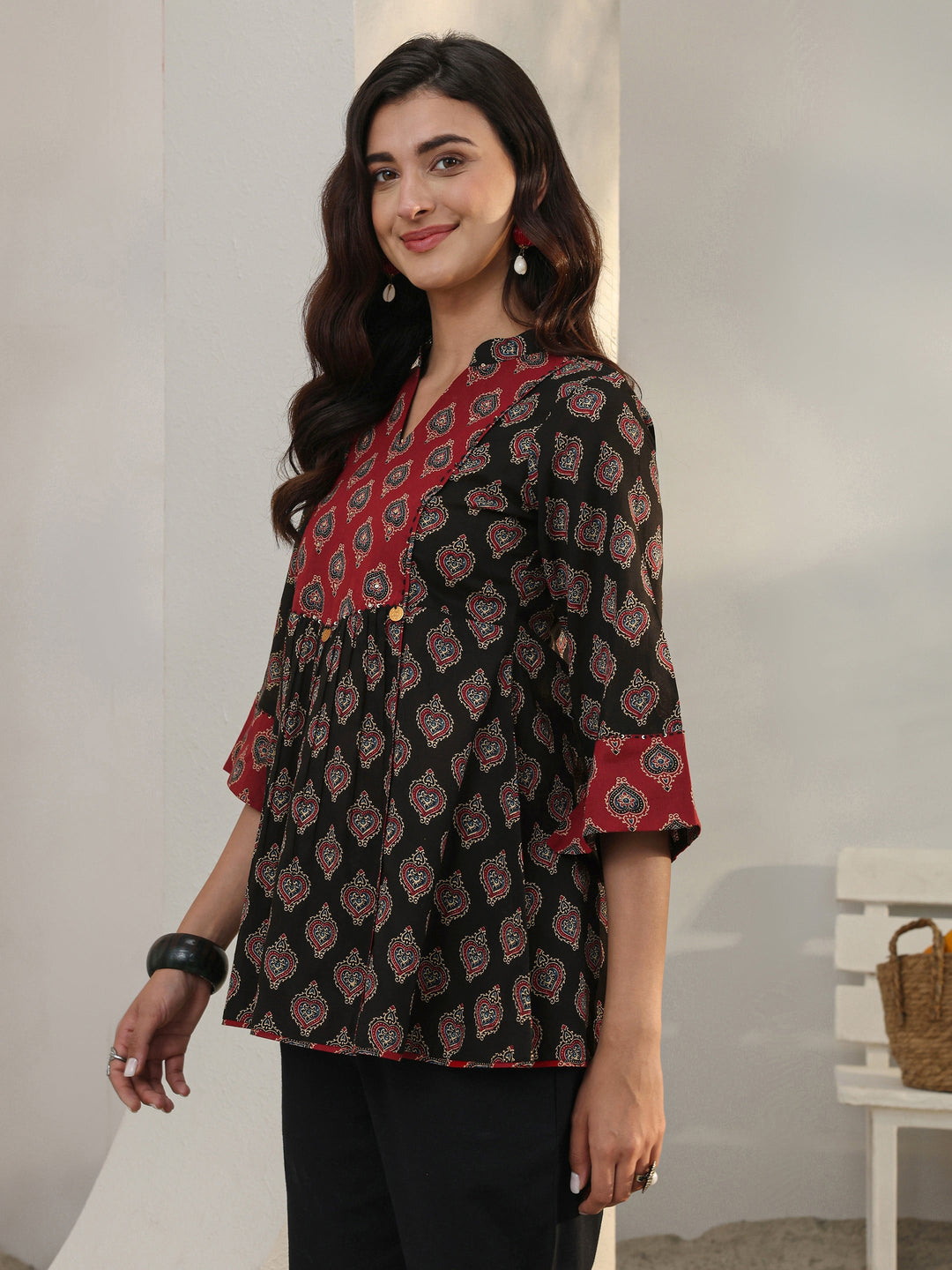 Black Ethnic Printed Cotton A-Line Short Kurti