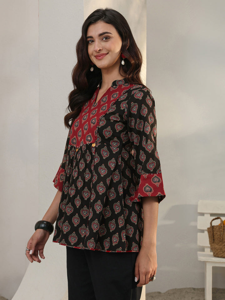 Black Ethnic Printed Cotton A-Line Short Kurti