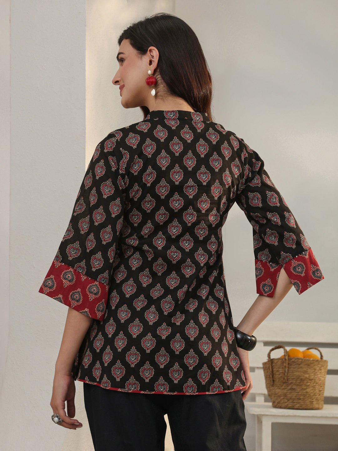 Black Ethnic Printed Cotton A-Line Short Kurti