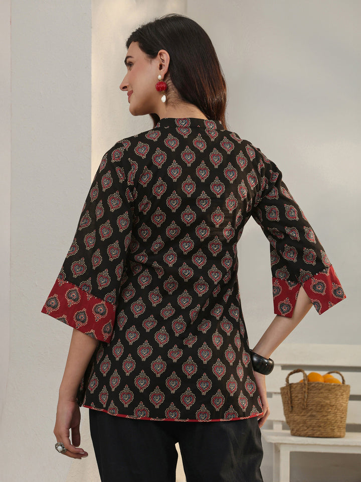 Black Ethnic Printed Cotton A-Line Short Kurti