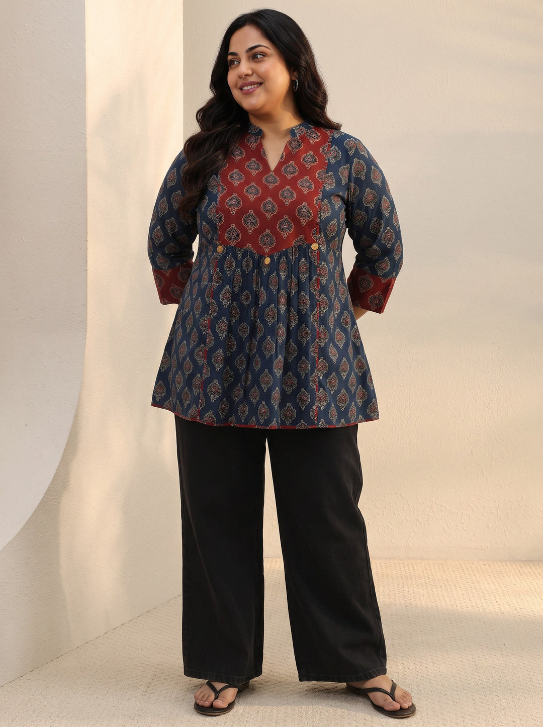 Plus Size Blue Ajarkh Printed Cotton A-Line Short Kurti