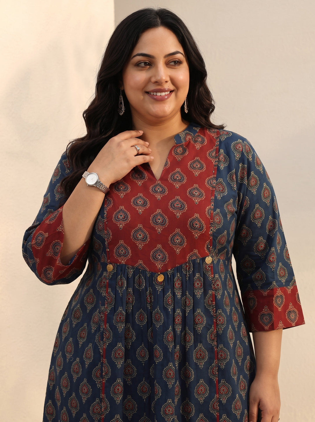 Plus Size Blue Ajarkh Printed Cotton A-Line Short Kurti