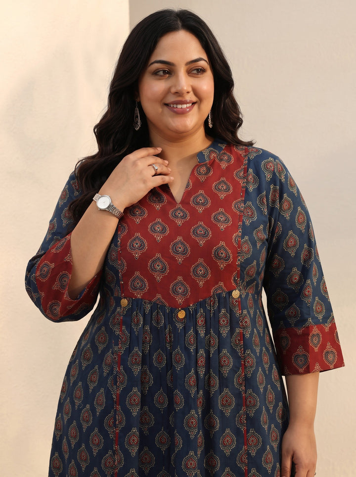 Plus Size Blue Ajarkh Printed Cotton A-Line Short Kurti