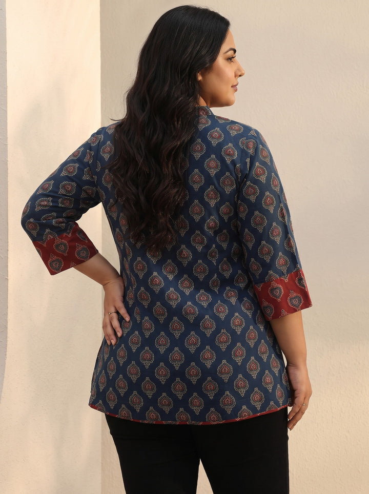 Plus Size Blue Ajarkh Printed Cotton A-Line Short Kurti