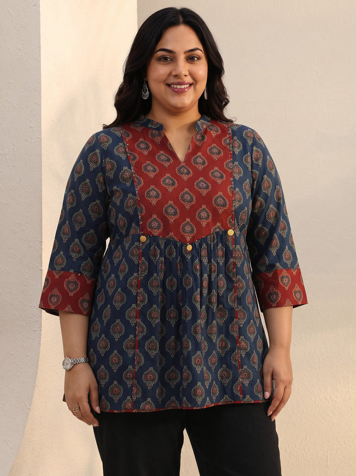 Plus Size Blue Ajarkh Printed Cotton A-Line Short Kurti