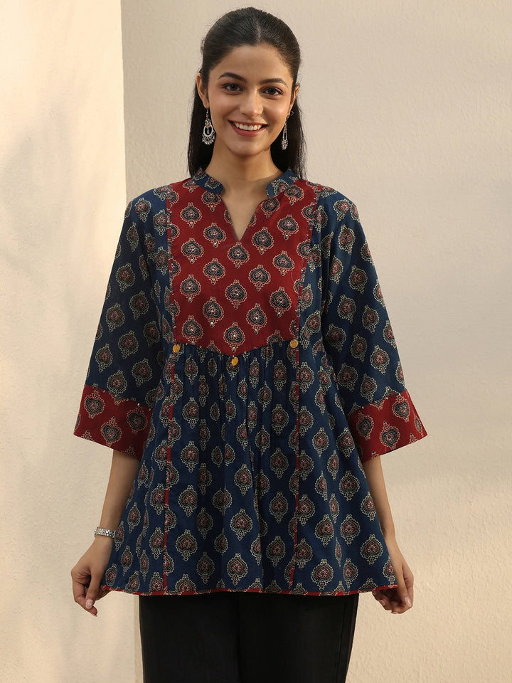 Blue Ajarkh Printed Cotton A-Line Short Kurti