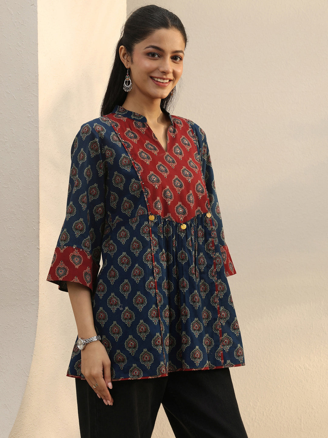 Blue Ajarkh Printed Cotton A-Line Short Kurti
