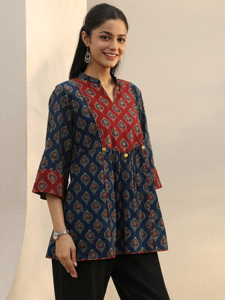 Blue Ajarkh Printed Cotton A-Line Short Kurti