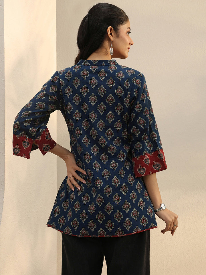 Blue Ajarkh Printed Cotton A-Line Short Kurti