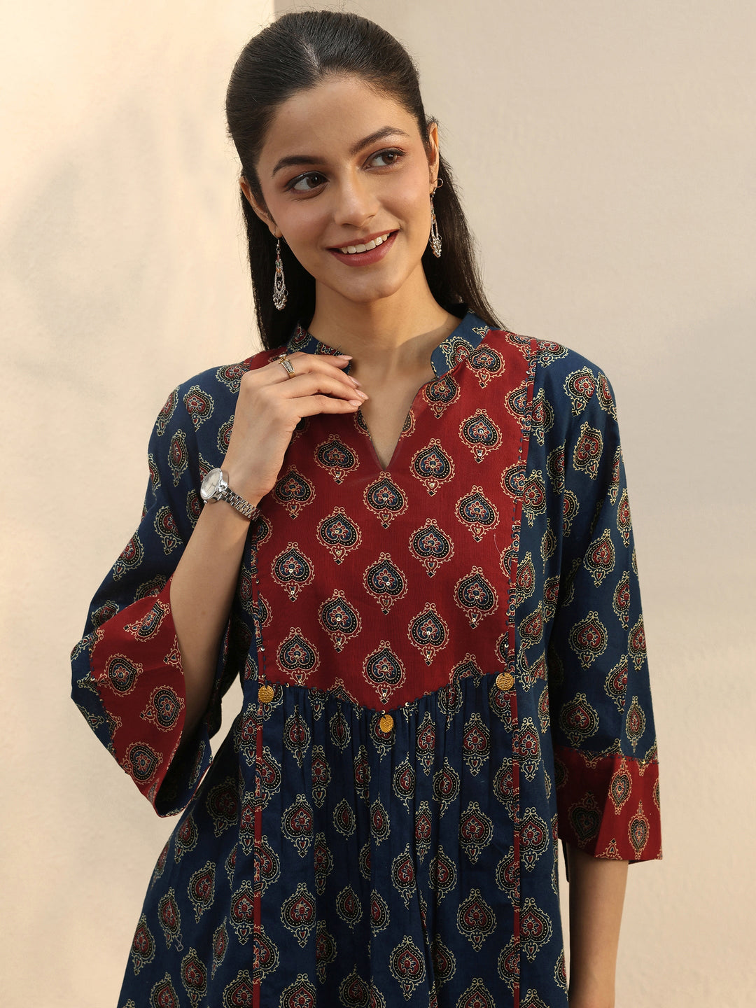 Blue Ajarkh Printed Cotton A-Line Short Kurti