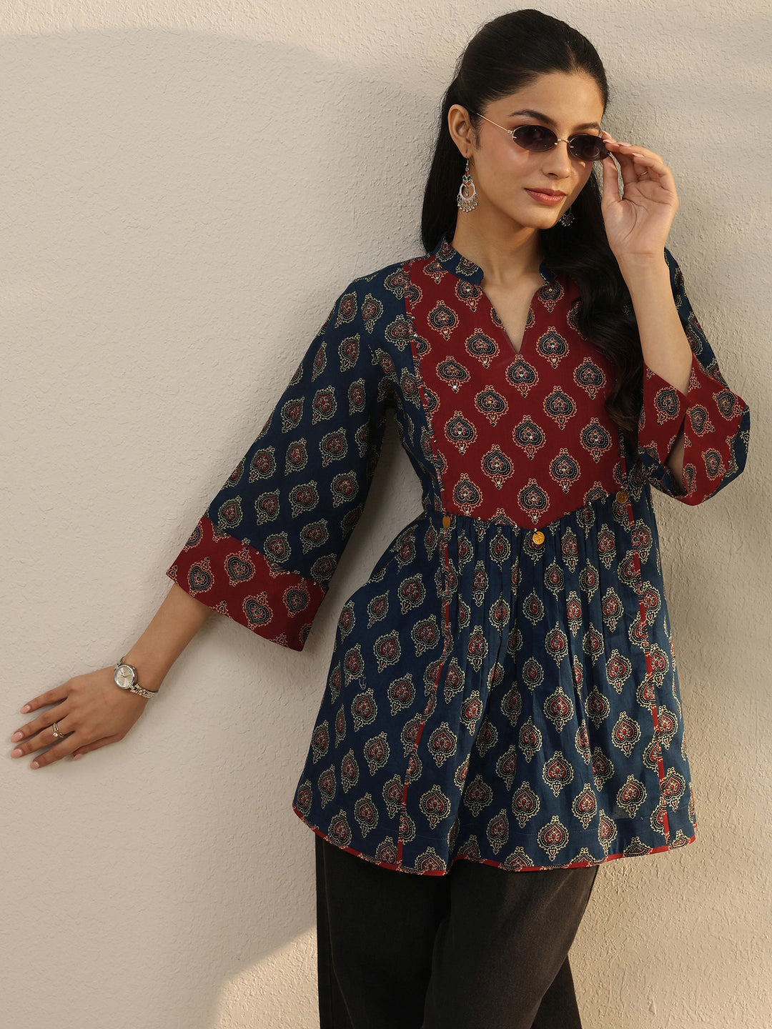 Blue Ajarkh Printed Cotton A-Line Short Kurti