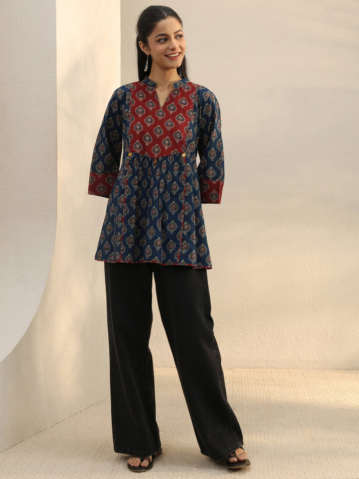 Blue Ajarkh Printed Cotton A-Line Short Kurti