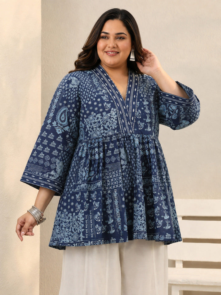 Plus Size Blue Ethnic Printed Cotton A-Line Short Kurti