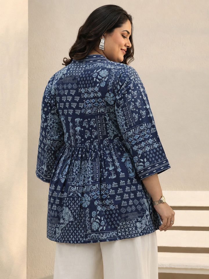 Plus Size Blue Ethnic Printed Cotton A-Line Short Kurti
