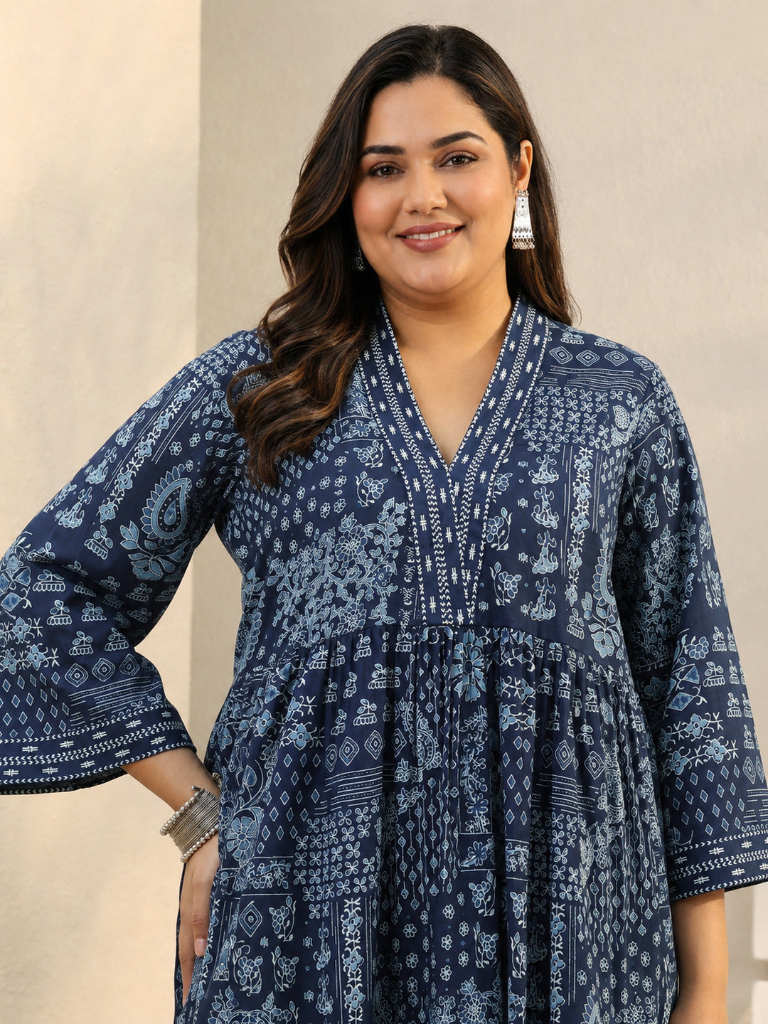 Plus Size Blue Ethnic Printed Cotton A-Line Short Kurti