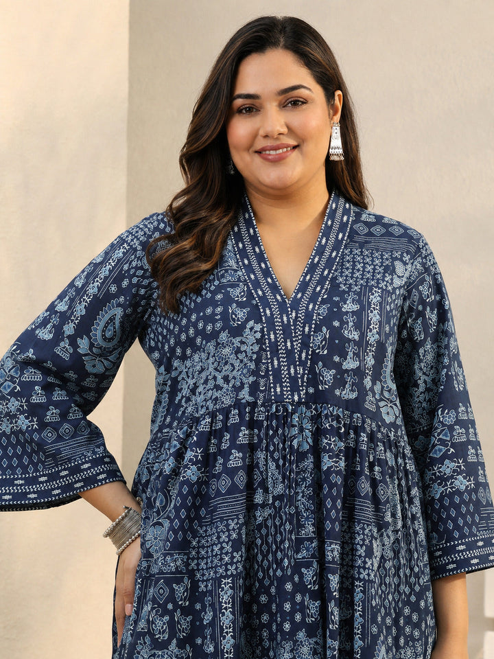 Plus Size Blue Ethnic Printed Cotton A-Line Short Kurti
