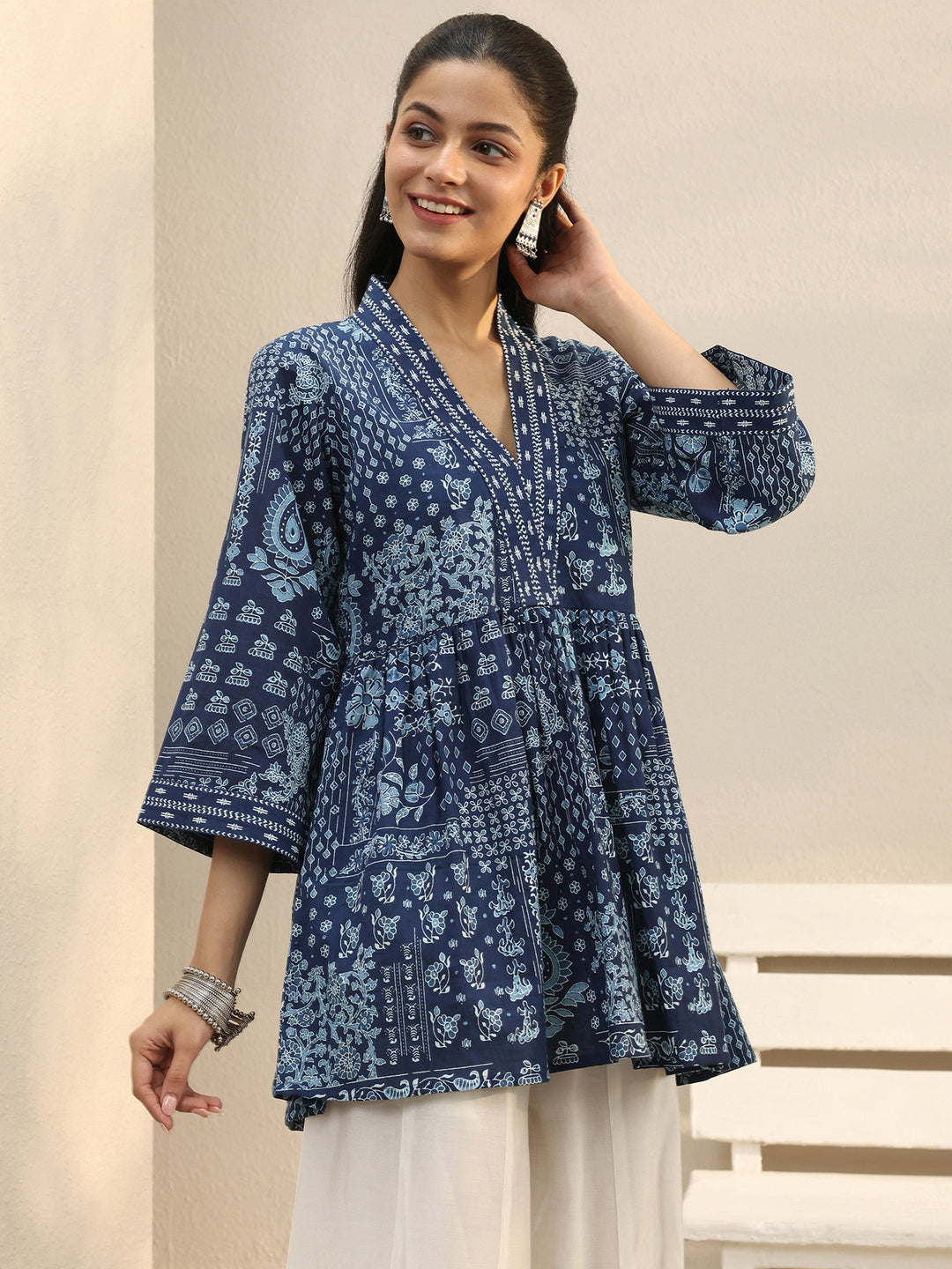 Blue Ethnic Printed Cotton A-Line Short Kurti