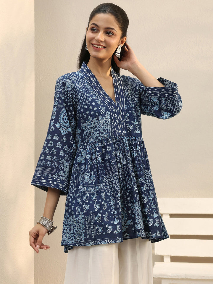 Blue Ethnic Printed Cotton A-Line Short Kurti