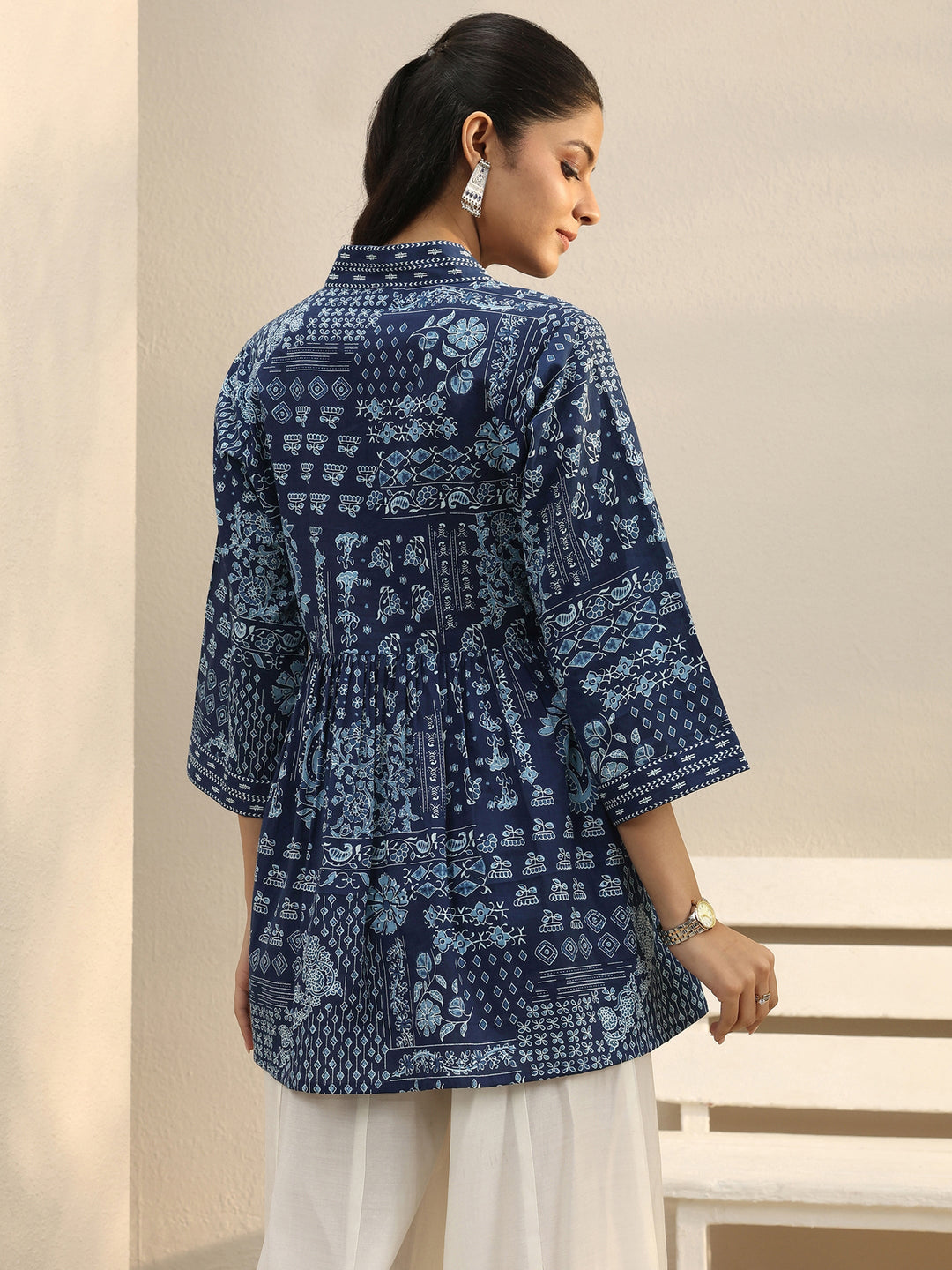 Blue Ethnic Printed Cotton A-Line Short Kurti