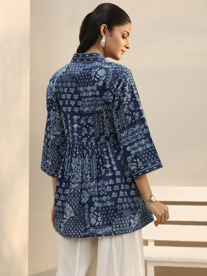 Blue Ethnic Printed Cotton A-Line Short Kurti