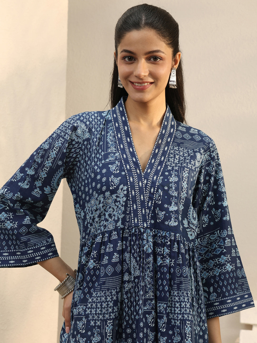 Blue Ethnic Printed Cotton A-Line Short Kurti
