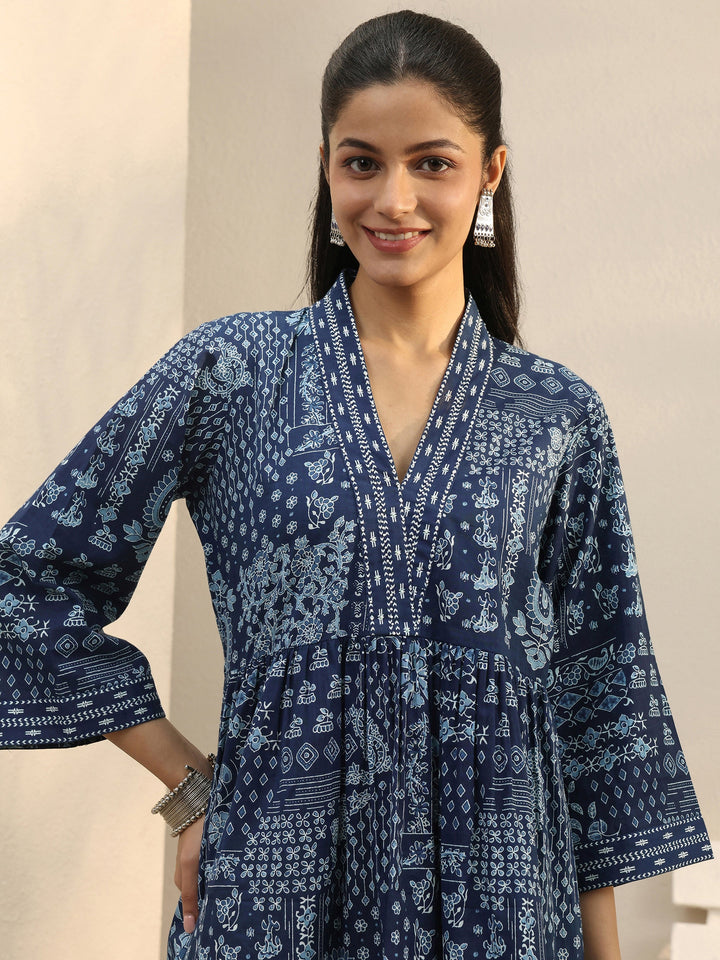 Blue Ethnic Printed Cotton A-Line Short Kurti