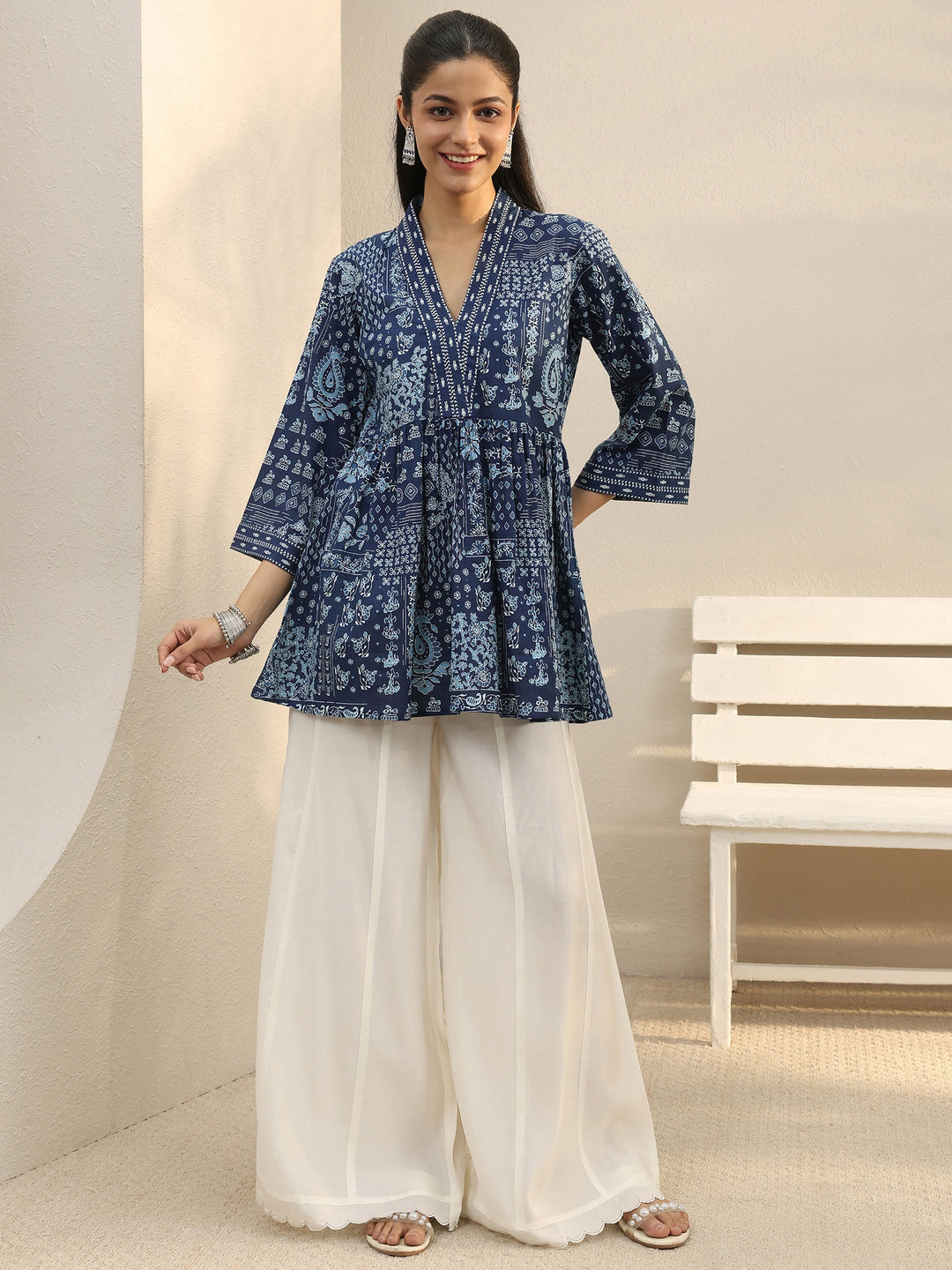 Blue Ethnic Printed Cotton A-Line Short Kurti