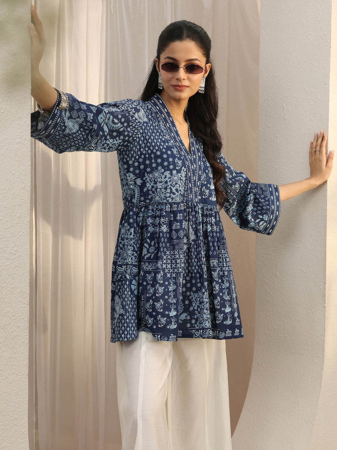 Blue Ethnic Printed Cotton A-Line Short Kurti