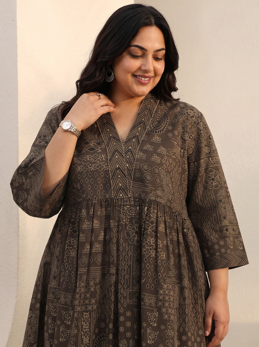 Plus Size Brown Ethnic Printed Cotton A-Line Short Kurti