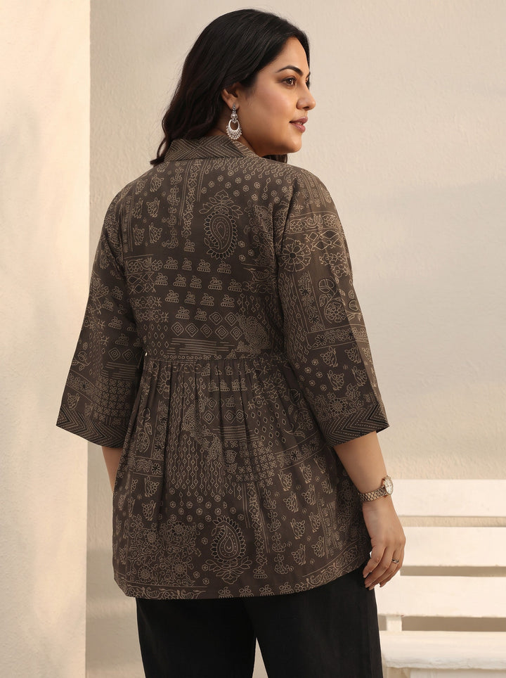 Plus Size Brown Ethnic Printed Cotton A-Line Short Kurti