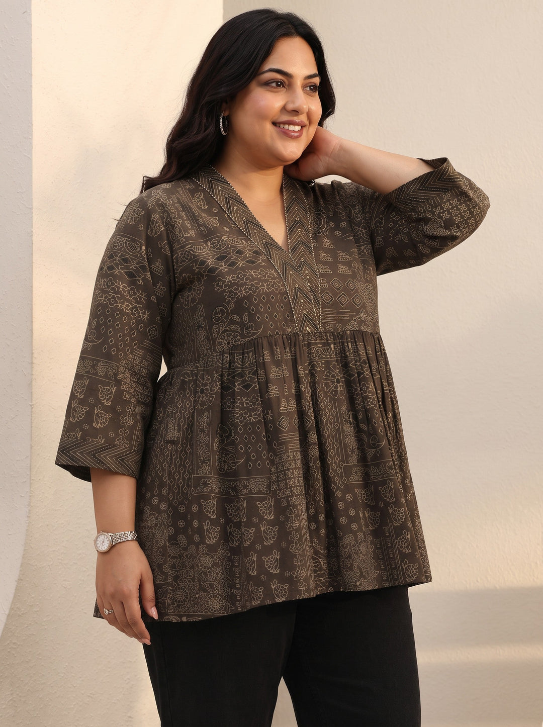 Plus Size Brown Ethnic Printed Cotton A-Line Short Kurti